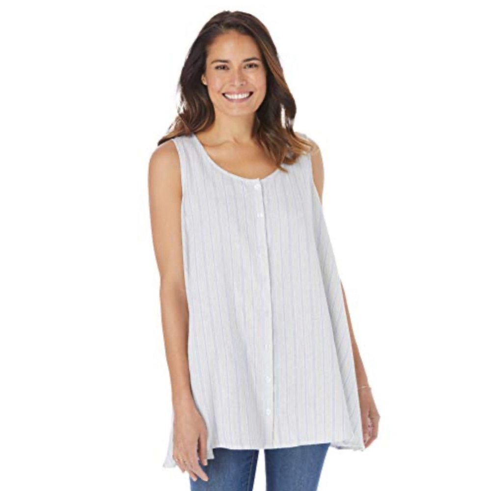 Women's Woman Within Striped Button-Front Tank Top Plus Size 16/20W White/Blue